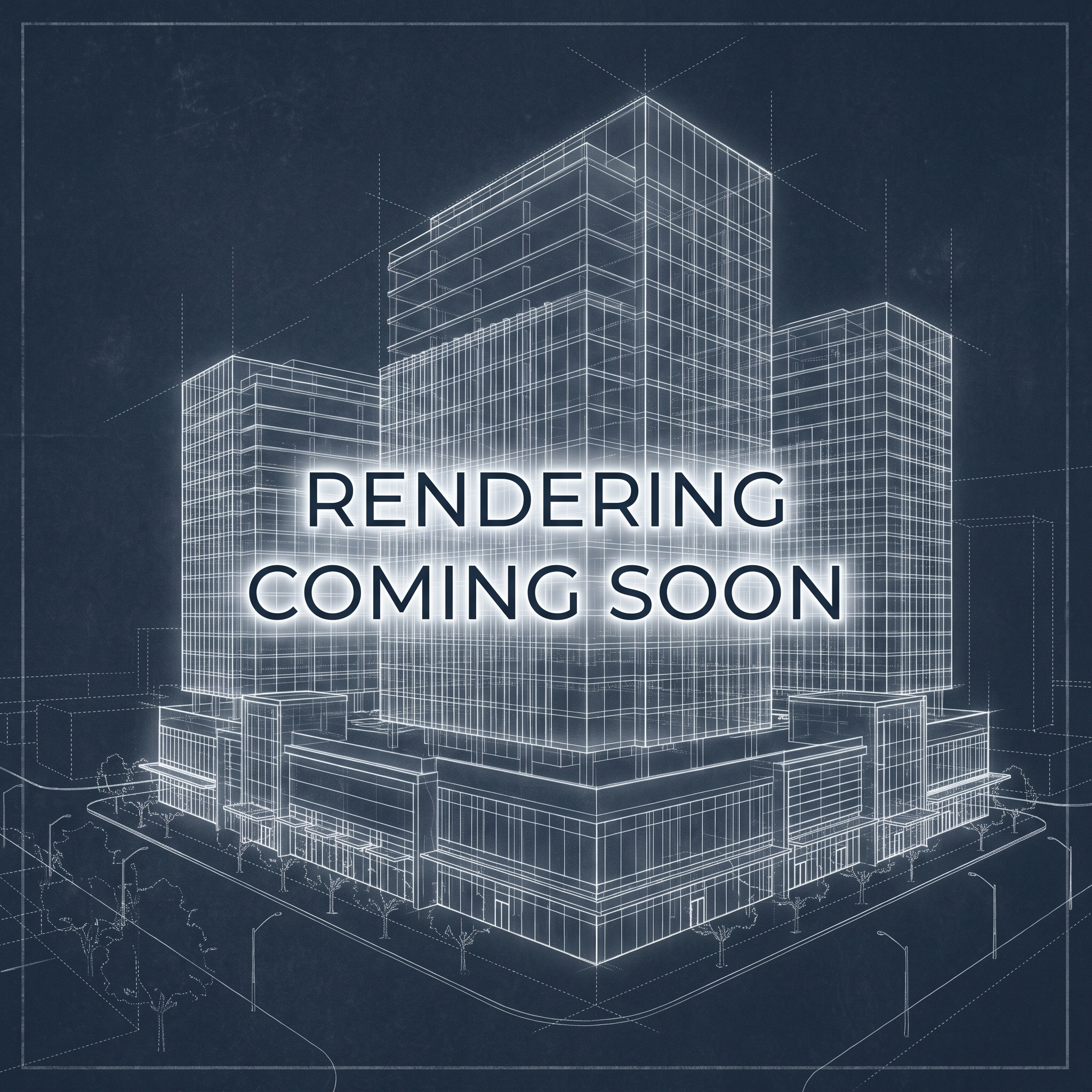 A wireframe blueprint illustration of a multi-story building complex with the words "Rendering Coming Soon" displayed in bold letters across the center.