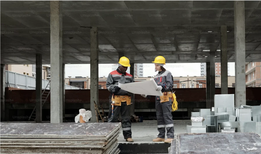 Two construction workers in hard hats and reflective gear discuss plans on a blueprint at a construction site with building materials around them.