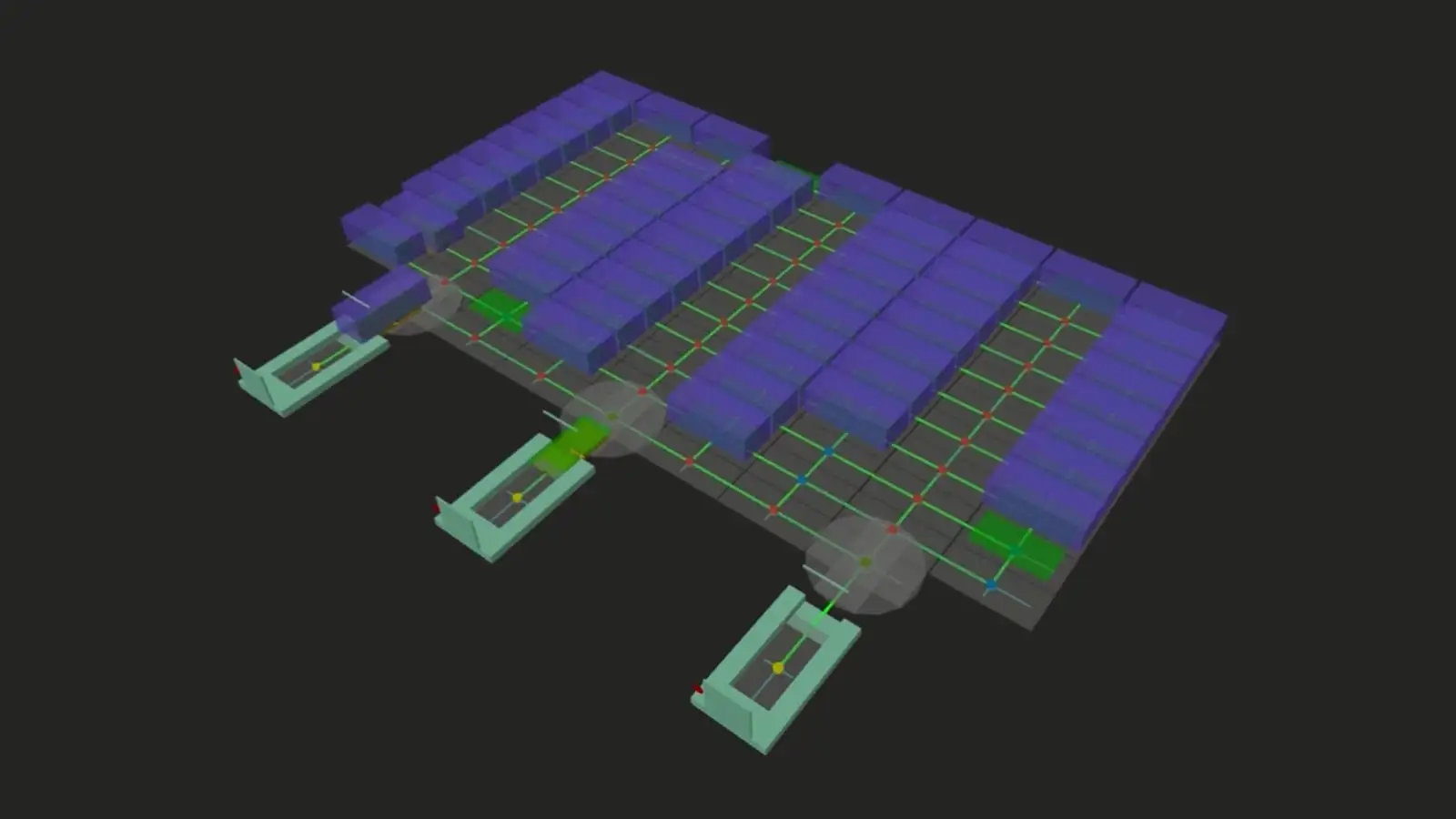 A software visualization of a path planning system to move cars inside a garage. The purple boxes represent cars, and the green squares represent robots that move the cars within the garage.