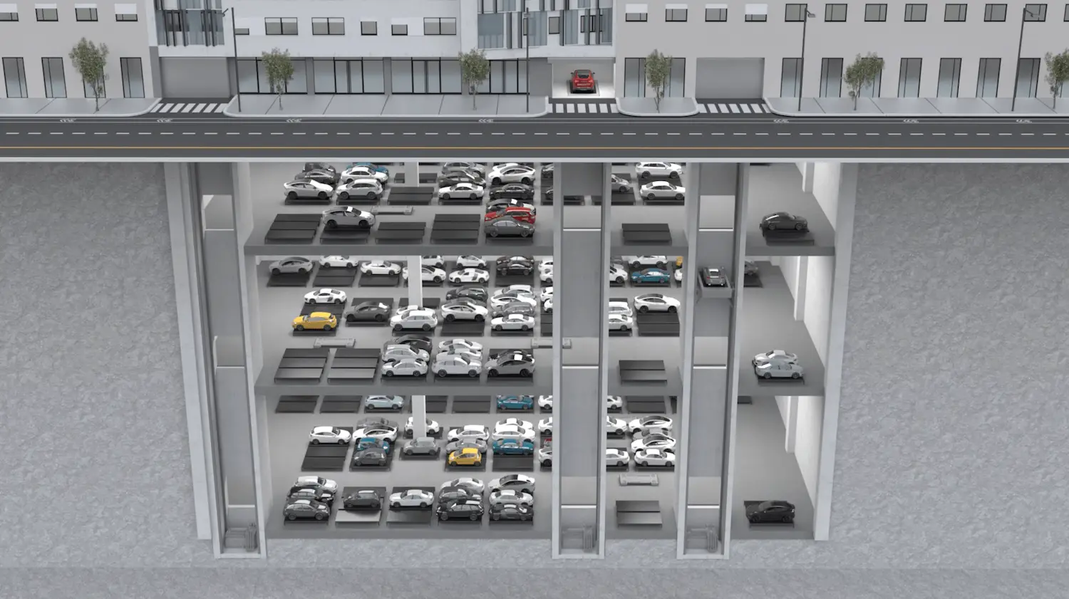 Illustration of a multi-level parking garage viewed from above, showing rows of parked cars and an adjacent street with a red car driving past.