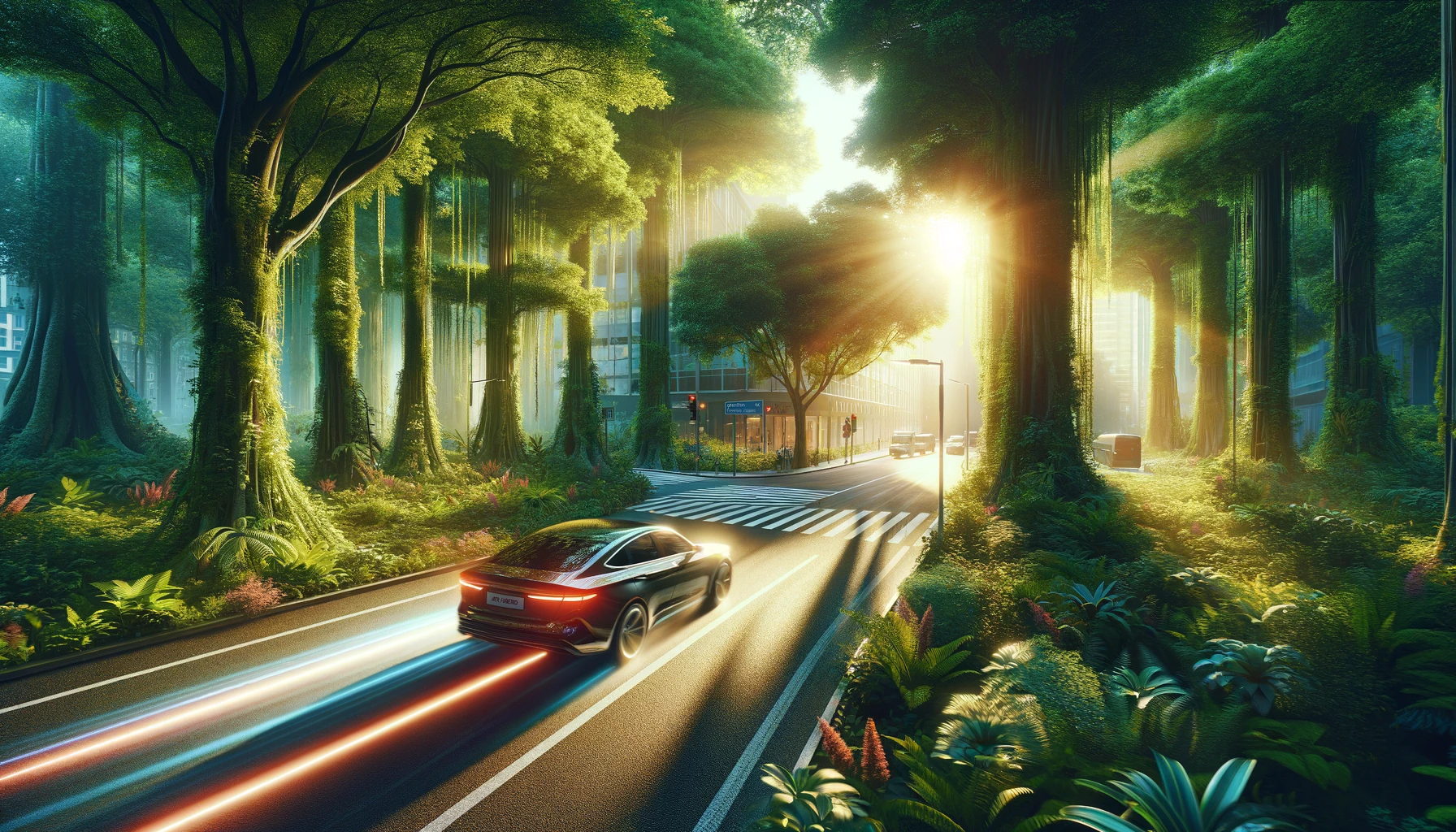 A car speeds down a vibrant and surreal city street bordered by lush, towering trees under a radiant sunrise, creating a blend of nature and urban life.