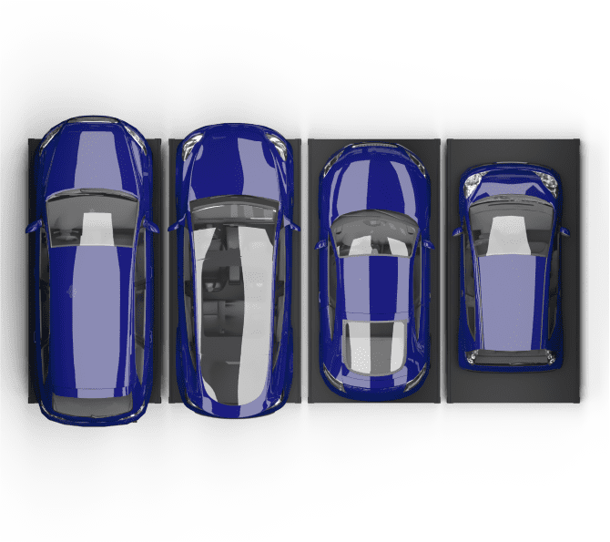 Four blue cars parked side by side, viewed from above, to demonstrate a automated parking system's ability to handle different sized cars