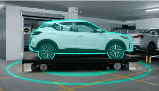 A modern, light blue suv displayed on an elevated platform with neon green outlines, positioned inside a parking garage, demonstrating an advanced parking system with a safety perimeter