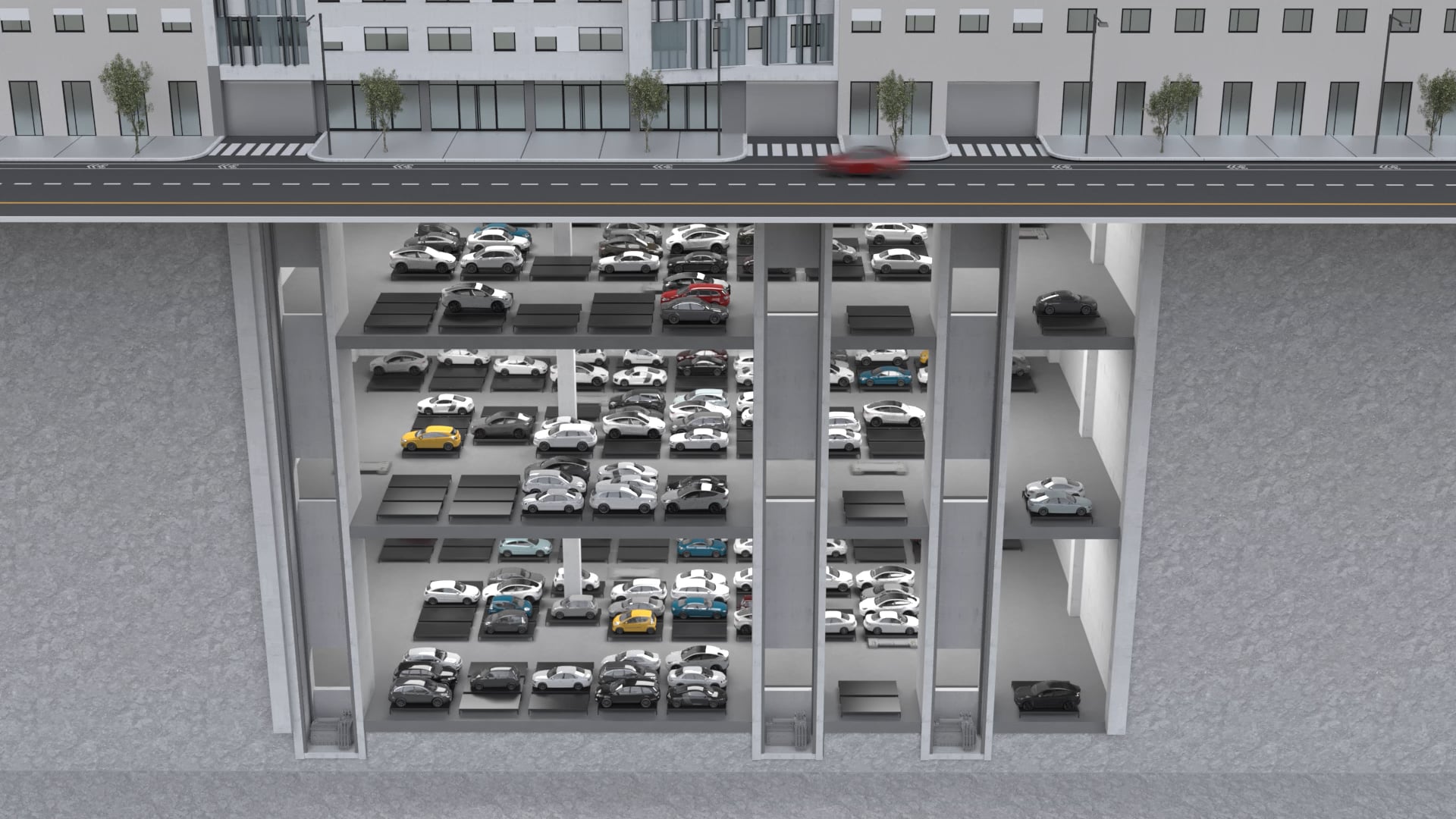 A detailed cross-sectional view of an underground multi-level parking garage is shown. The structure reveals various levels filled with parked cars, different in size and color. A road with a moving red car runs above the parking facility.