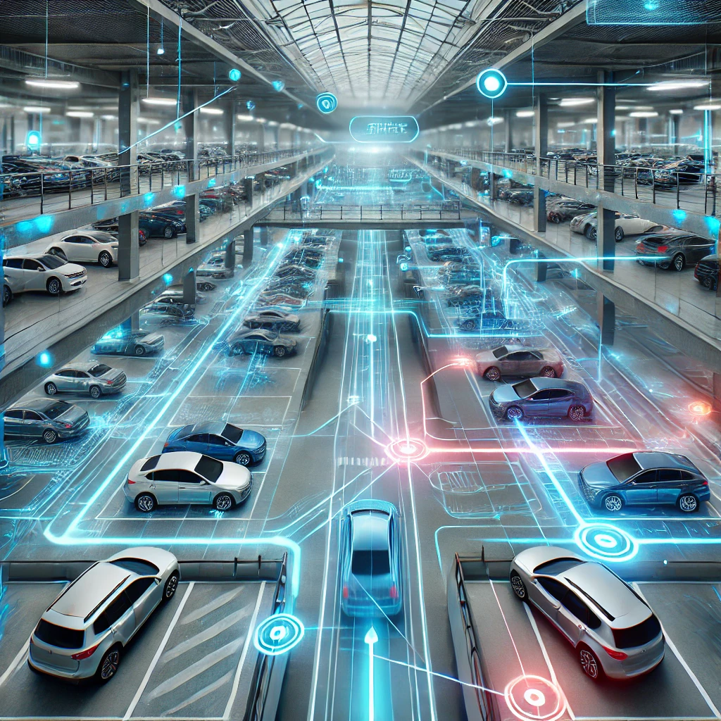 A futuristic multi-level parking structure with cars parked in rows. The image features digital overlays and holographic lines indicating advanced automated navigation, connectivity, and smart parking systems guiding vehicles to available spots.