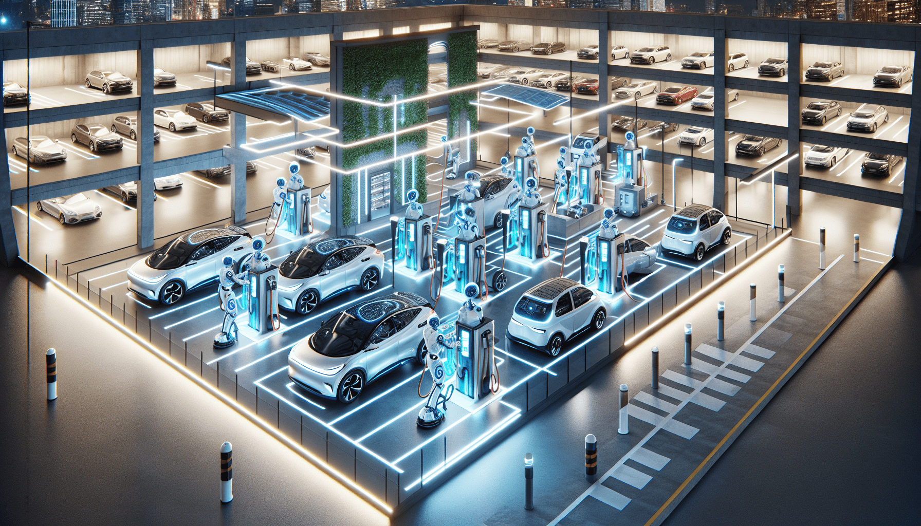 A futuristic parking lot with multiple electric cars being serviced by advanced robots. Charging stations with blue LED lights are connected to the cars. A multi-level parking structure filled with vehicles is visible in the background under a night sky.