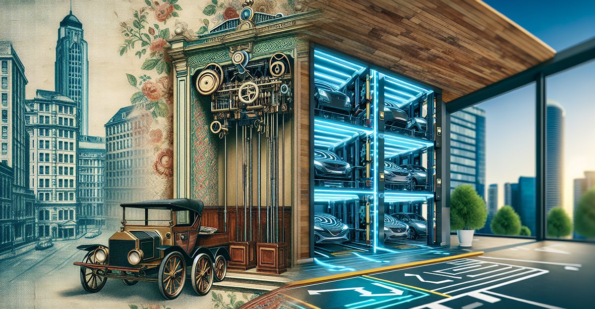 A split-screen image juxtaposing a vintage cityscape with modern technology. On the left, an antique car is parked beside an ornate vintage building. On the right, a futuristic car elevator featuring advanced building management platforms and neon lights lifts sleek, modern cars in a contemporary urban setting.