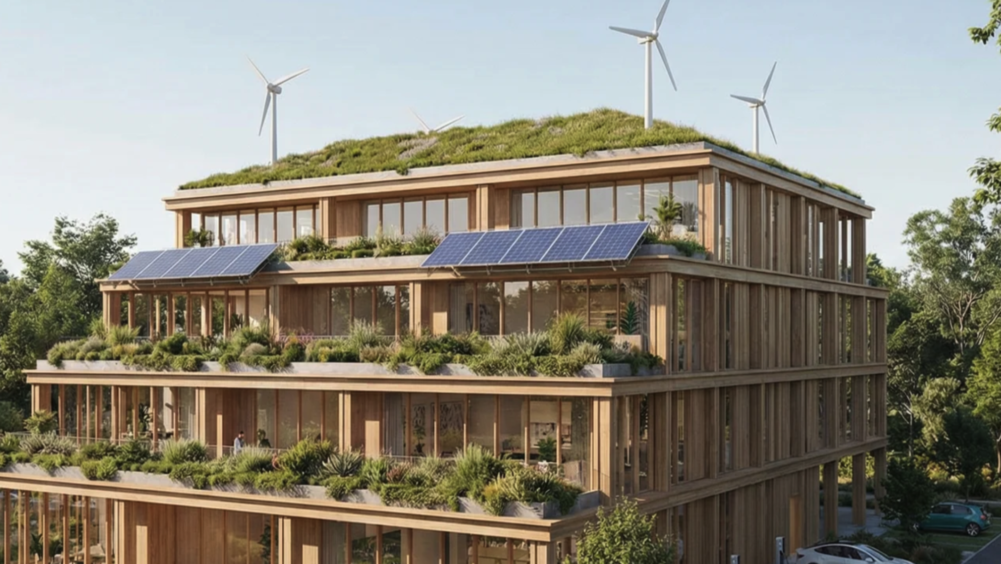 A modern, eco-friendly building features wooden construction, green rooftop gardens, solar panels, and wind turbines, surrounded by trees and greenery under a clear blue sky.
