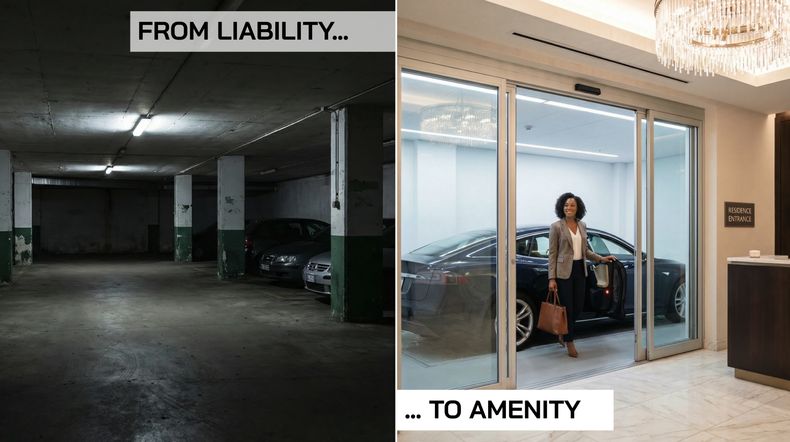 Split image: left side shows a dark, empty parking garage with cars and concrete pillars; right side shows a smiling woman entering a bright, modern building lobby from a parked car. Text reads “FROM LIABILITY... ...TO AMENITY.”.