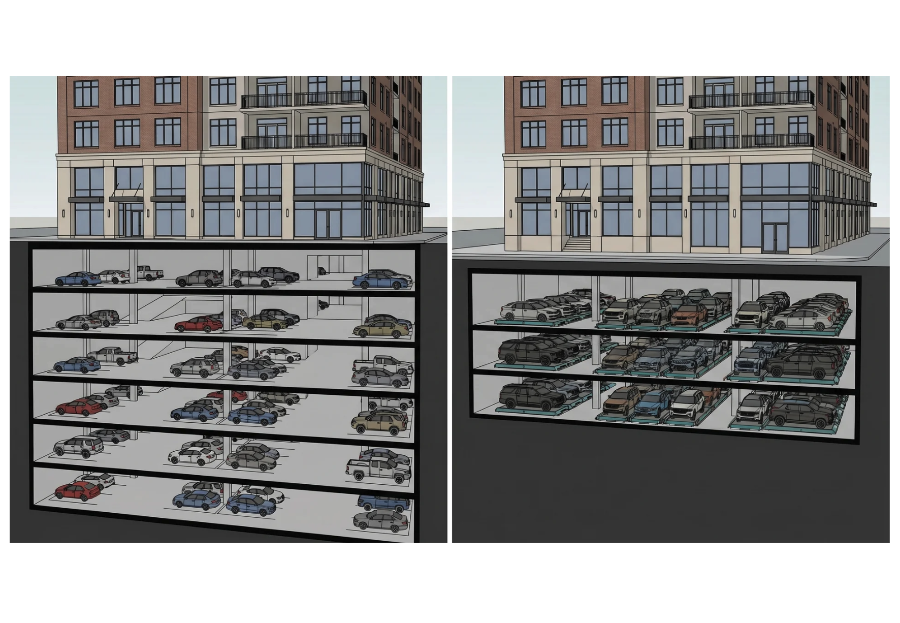 Two diagrams show a building with underground parking. The left diagram has cars parked on angled ramps across multiple levels; the right diagram shows neatly stacked cars on flat platforms across the same levels.
