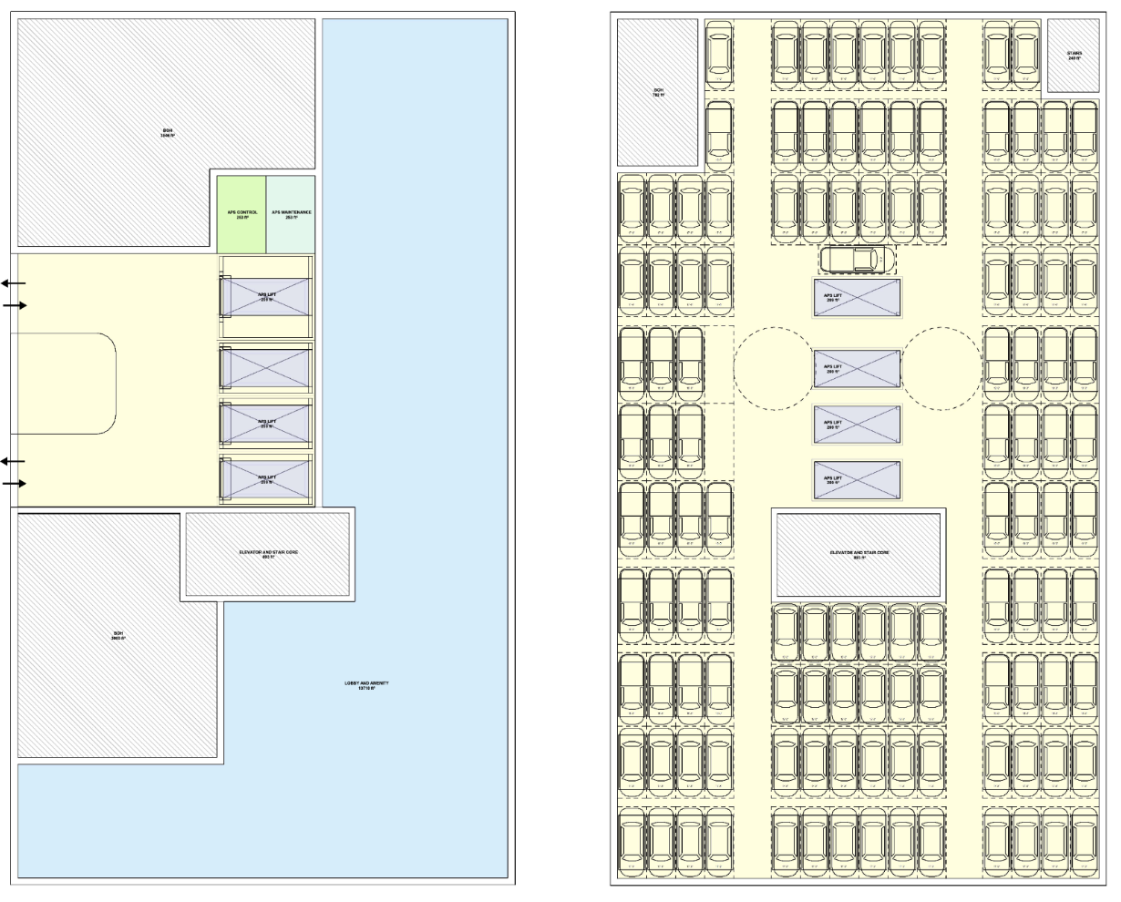 Side-by-side floor plans: left shows a building with elevators, lobby, and adjacent open space; right depicts a structured parking lot with organized rows of parking spaces and multiple elevators.