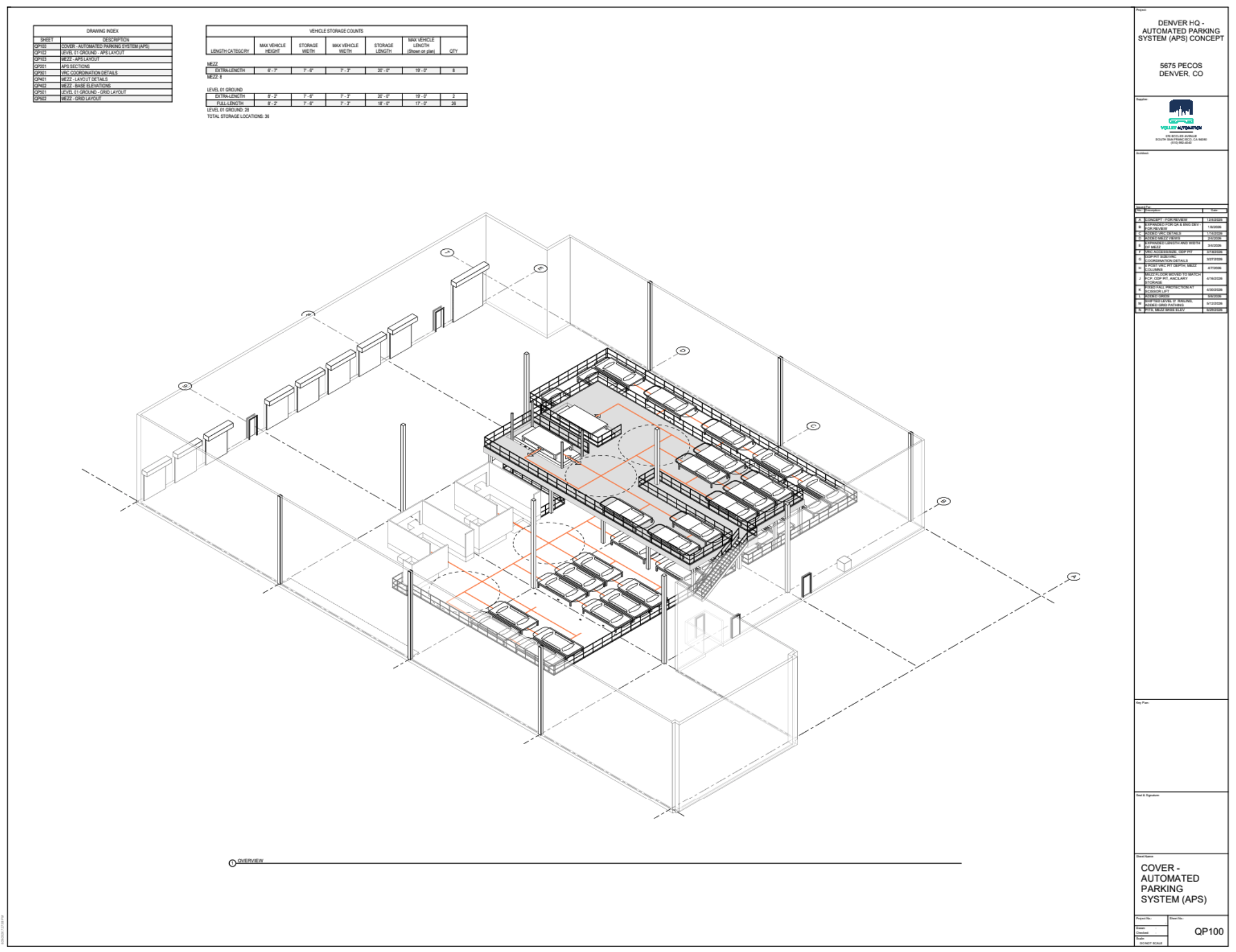 Isometric architectural drawing of a building’s interior with labeled rooms, furniture layouts, and visible gridlines; includes title blocks, notes, and tables along the borders.