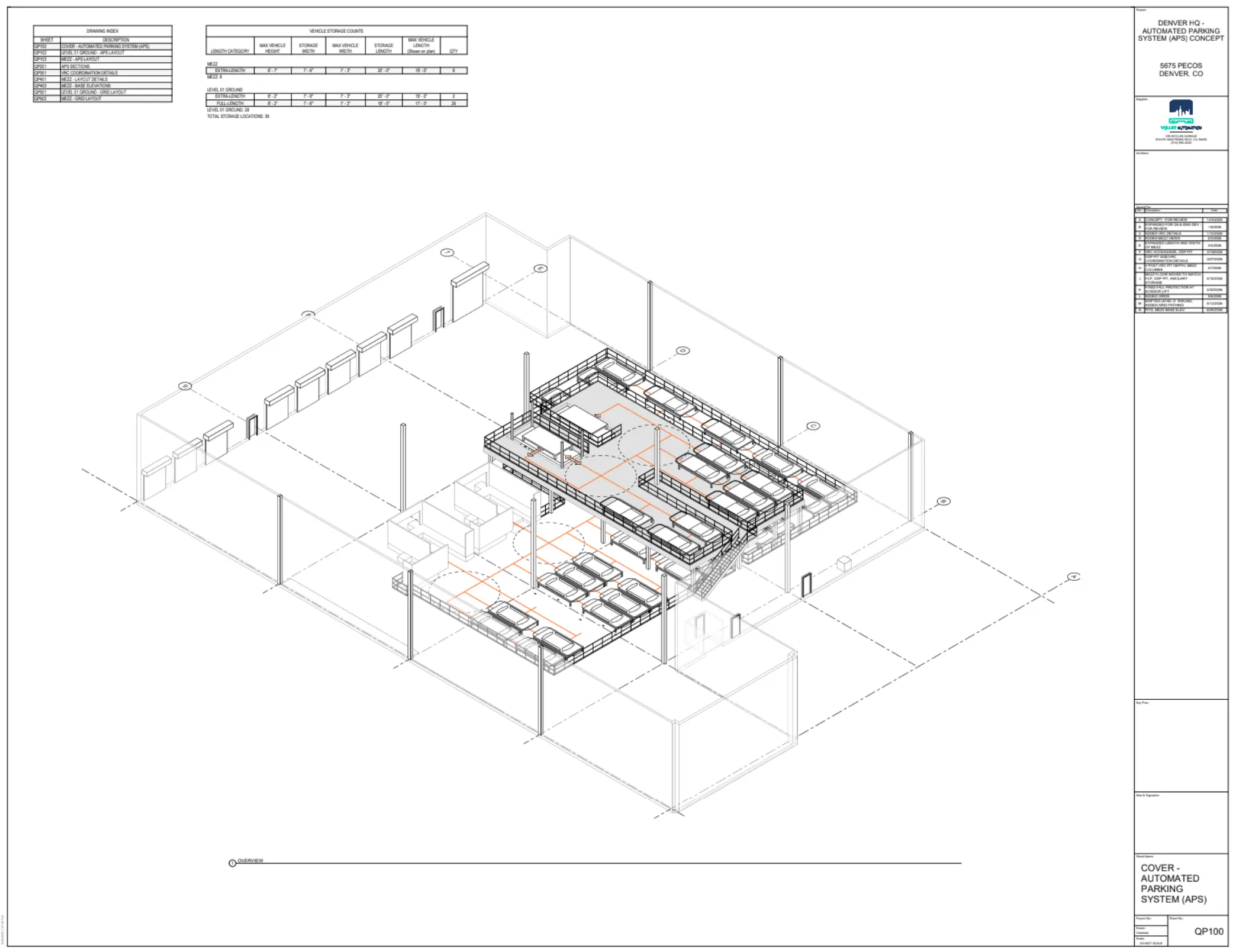 Isometric architectural drawing of a building interior with computer workstations, desks, and labeled gridlines, displaying part of the layout and structure with transparent walls for visibility.