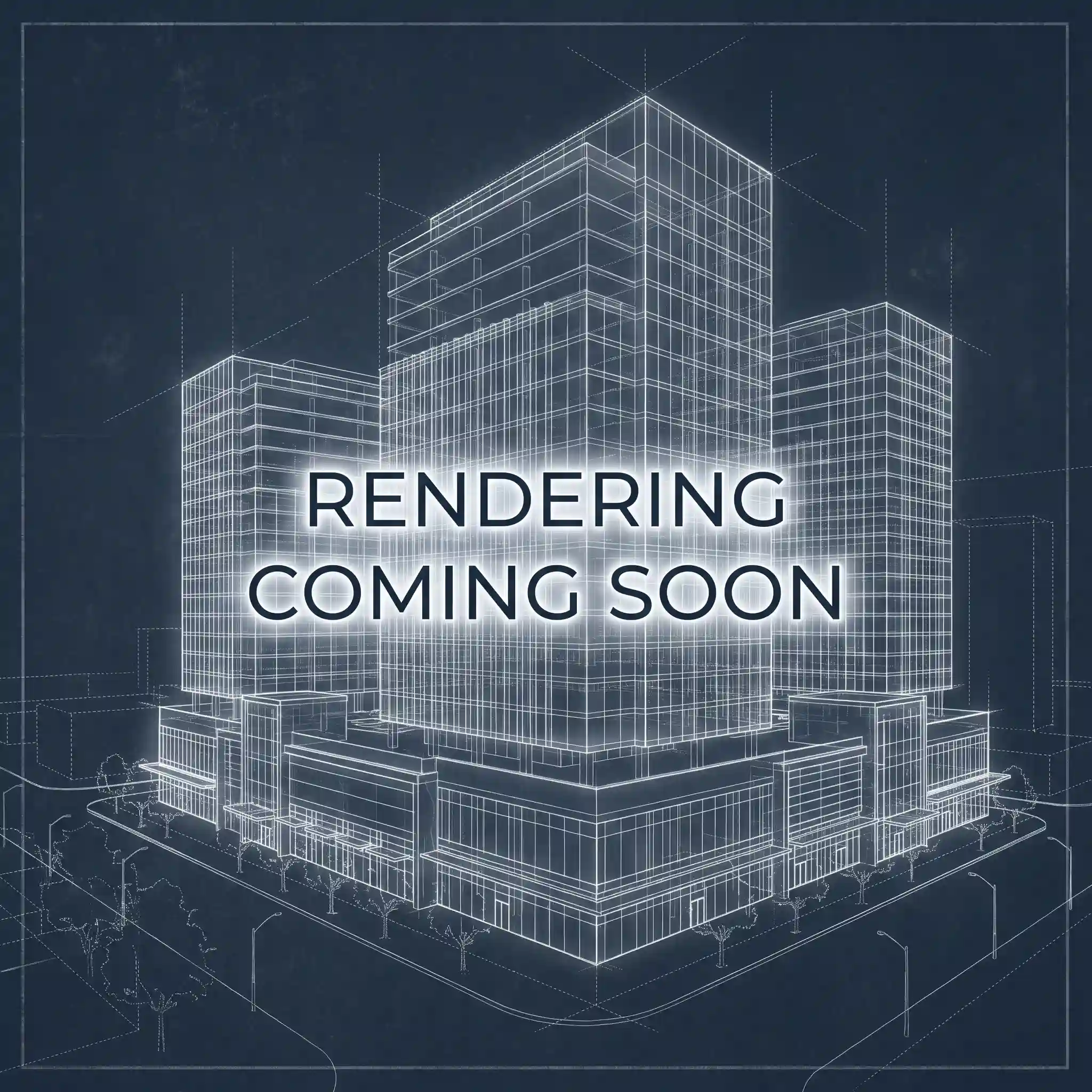 Blueprint-style illustration of several multi-story buildings with “Rendering Coming Soon” written across the center. The image has a dark background with white outlines and subtle sketches of streets and trees.