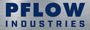 Logo with the words "PFLOW INDUSTRIES" in bold blue letters on a brushed metal background.