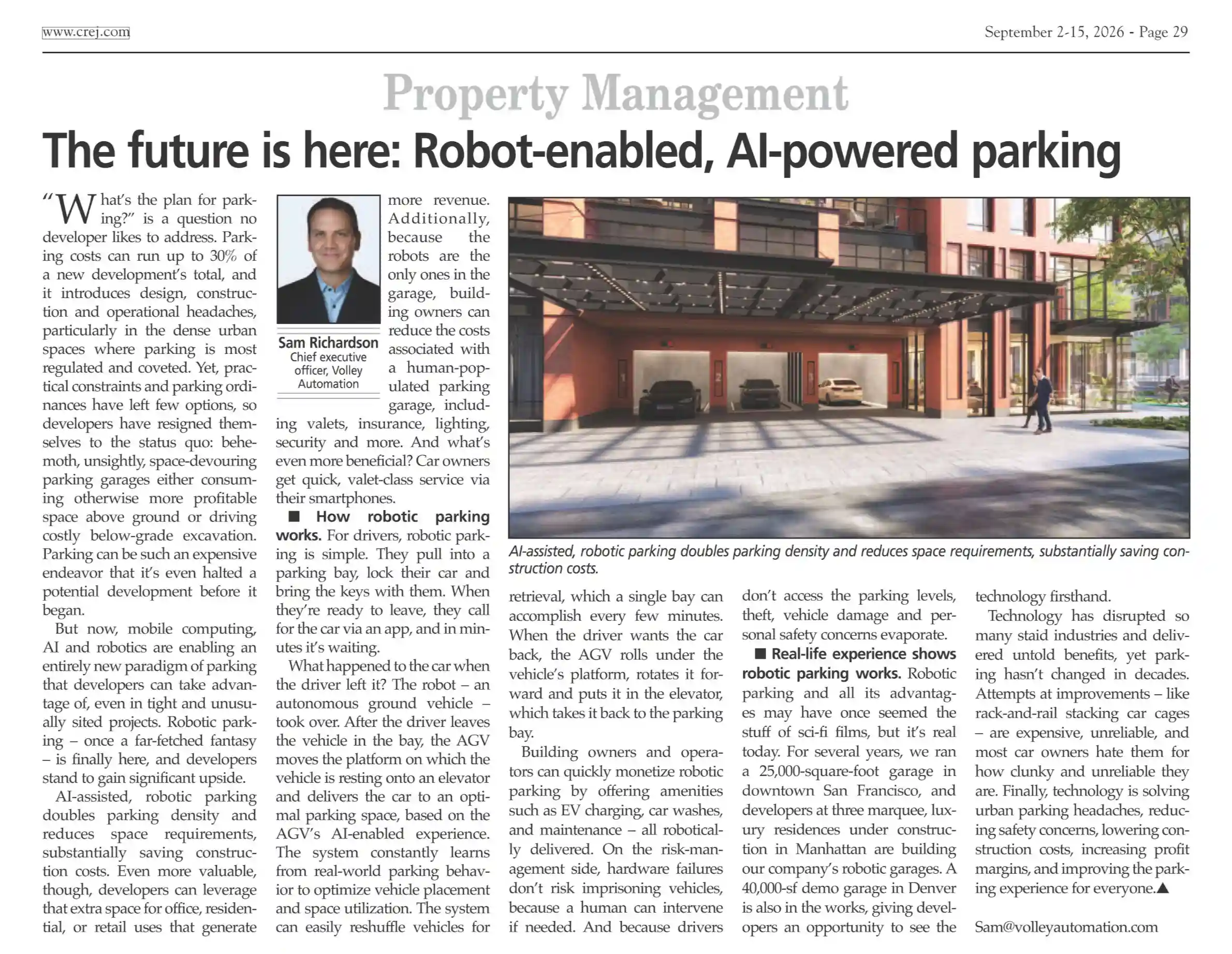 A newspaper article titled “The future is here: Robot-enabled, AI-powered parking” discusses advancements in automated parking technology. An image shows an automated parking structure with stacked cars, demonstrating space efficiency.