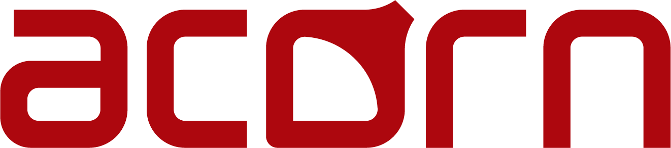 Red lowercase text reads “acorn” in a bold, modern font. The letter “o” is stylized with a small notch at the top, resembling an acorn cap. Against a light gray background, the design conveys innovation—perfect for brands specializing in Automated Robotic Parking Systems looking for a modern, memorable logo.