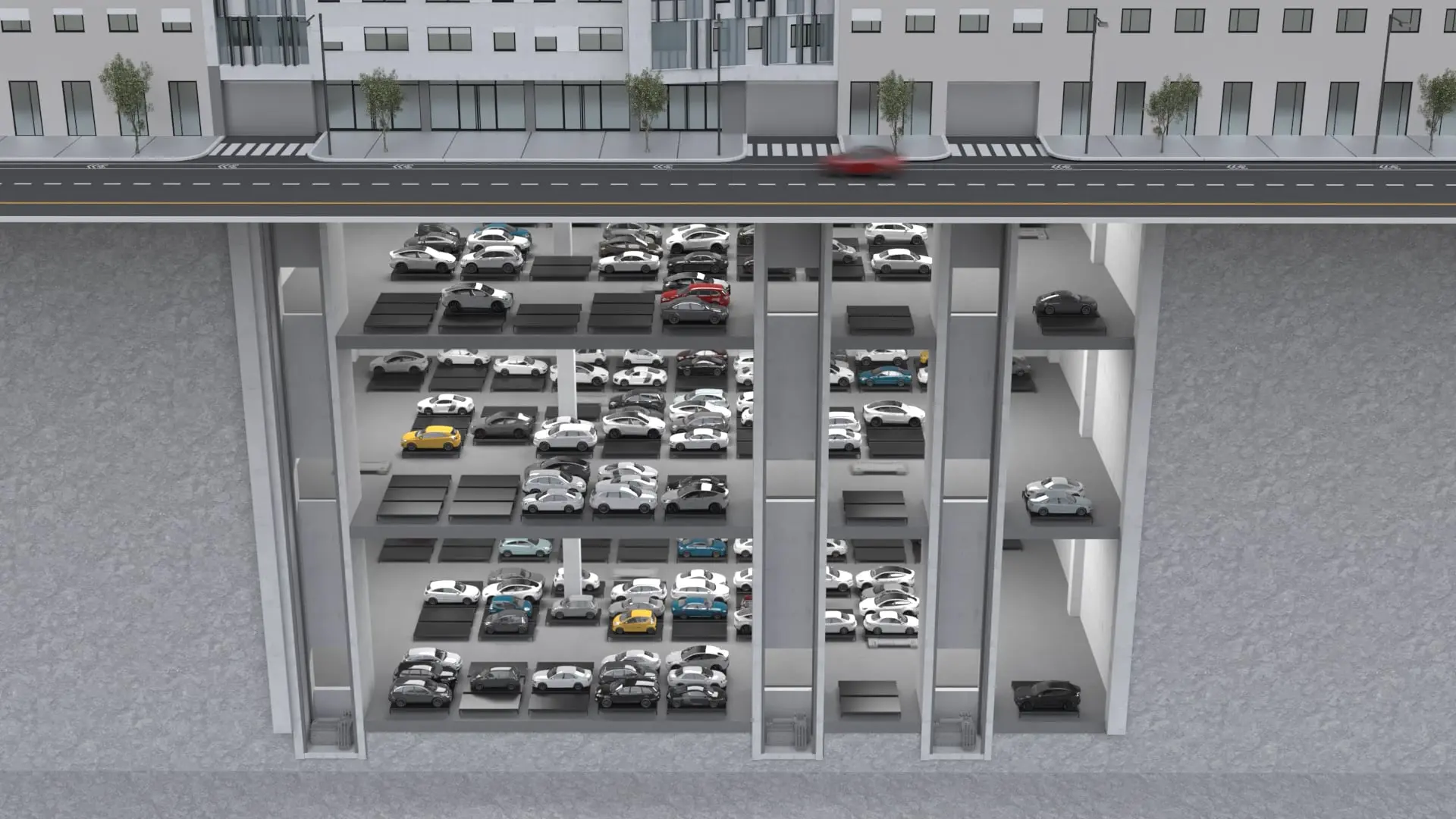 Cross-section illustration of an underground automated parking garage with multiple levels, showing parked cars and vertical lifts working with Volley Automation beneath a city street and buildings above.