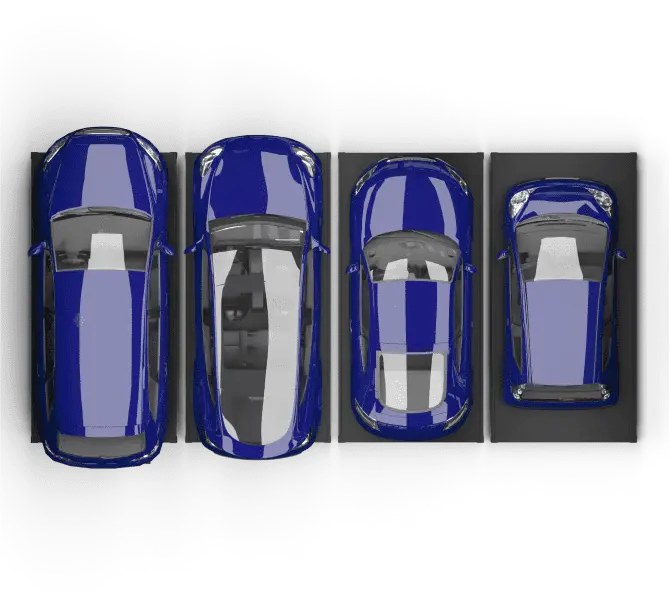 Four blue cars, viewed from above, are parked closely side by side in individual black parking spaces on a white background—a clear reflection of the precision and organization found in solutions like Volley Automation.